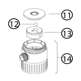 Exploded diagram showing four components of a Calibrex 525/530 Bottletop Dispenser: circular cap (11), valve ball (12), perforated disc (13), and main cylindrical body (14); fits 25mL, 50mL, 100mL models.