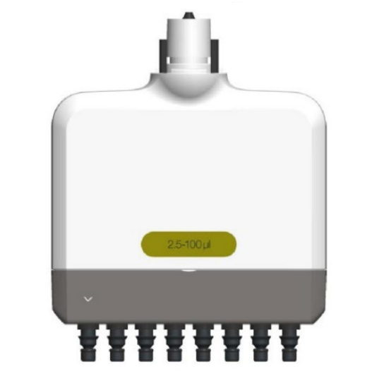 Lower module of Thermo Scientific FluidEase Pro ClipTip pipette, multichannel pipette head labeled 2.5–100 µl, featuring eight nozzles at the bottom and a control mechanism at the top.