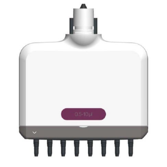 Lower module of a Thermo Scientific FluidEase Pro ClipTip multichannel pipette an eight-channel pipette head with a labeled capacity range of 0.5–10 microliters