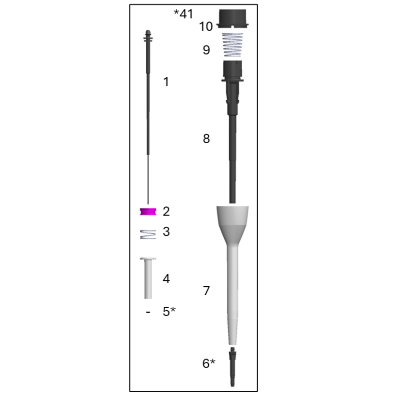 Exploded diagram of a lower module of a Thermo Scientific FluidEase Pro ClipTip single channel pipette, 10μL