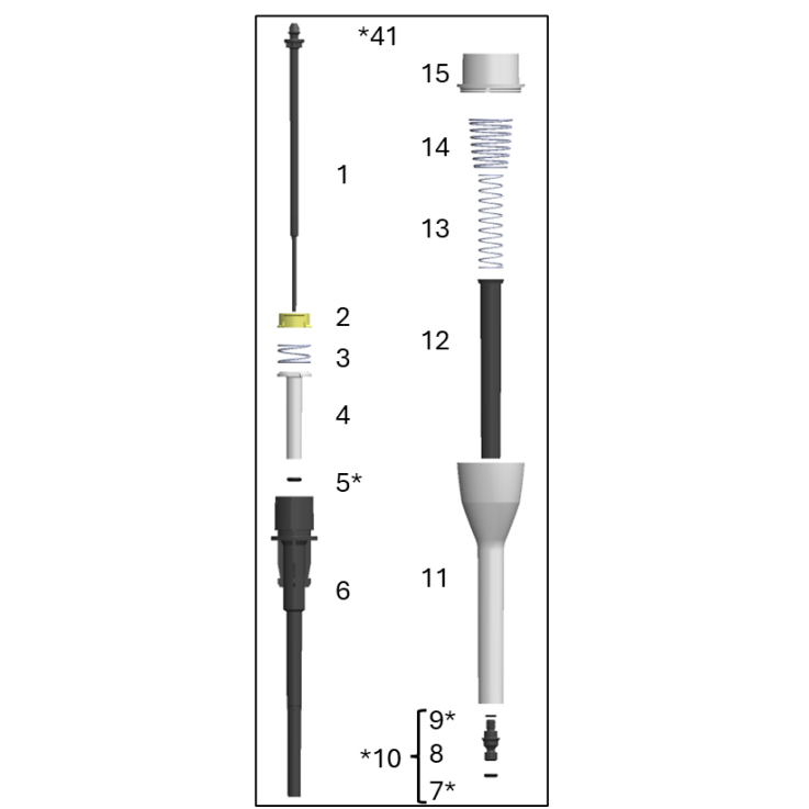 Exploded view diagram of a lower module of a Thermo Scientific FluidEase Pro ClipTip single channel pipette, 100μL