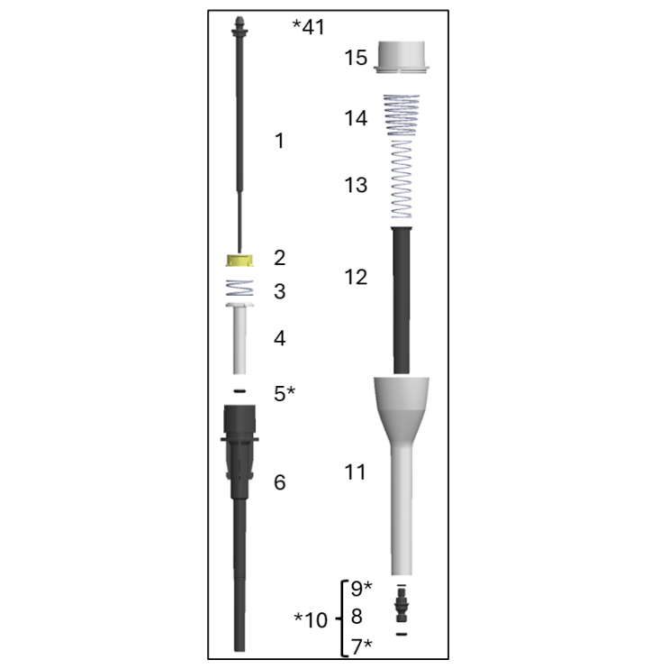 Exploded diagram of a lower module of a Thermo Scientific FluidEase Pro ClipTip single channel pipette, 200μL
