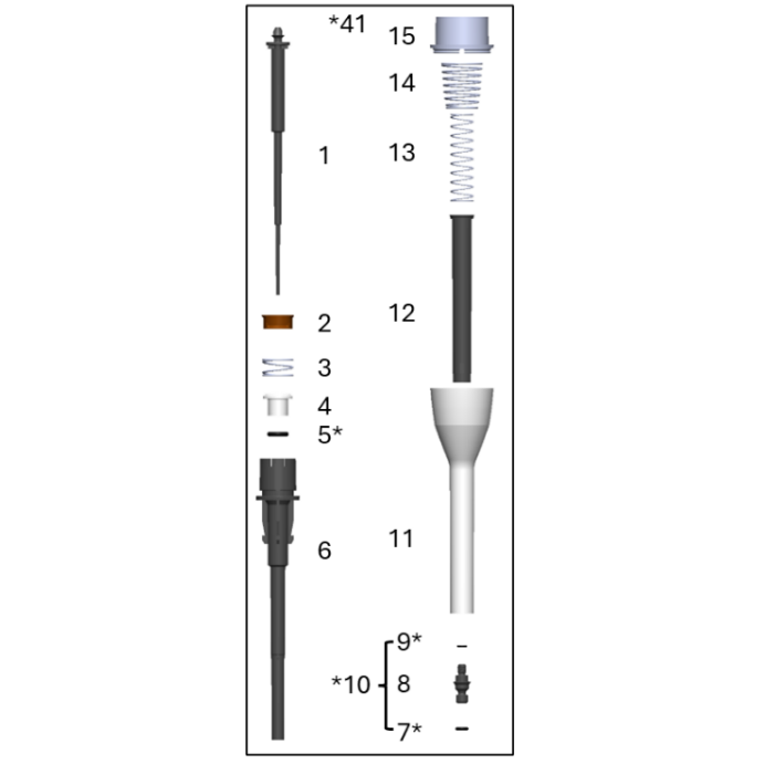 Exploded diagram of a lower module of a Thermo Scientific FluidEase Pro ClipTip single channel pipette, 300μL