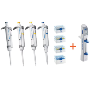 A pack of four Eppendorf Research Plus single channel variable volume pipettes (10μL, 20μL, 200μL, 1000μL) and a Repeater M4
