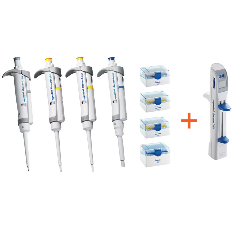 A pack of four Eppendorf Research Plus single channel variable volume pipettes (10μL, 20μL, 200μL, 1000μL) and a Repeater M4