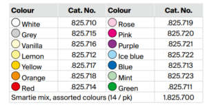 Table listing Smartie colours with their catalogue numbers. Includes white, grey, vanilla, lemon, yellow, orange, red, rose, pink, purple, ice blue, blue, mint, green, and assorted mix.